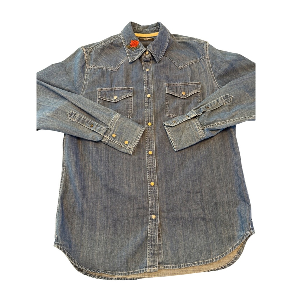 Jachs Girlfriend Denim Western Shirt Small Embroidered Rose Floral Snap Button